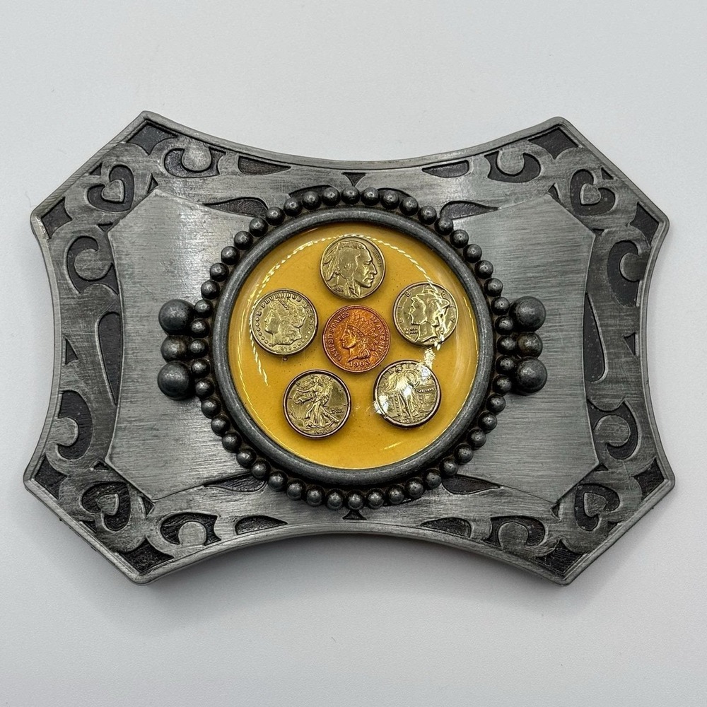 Vtg Western Americana Belt Buckle 6 Replica US Coins Morgan Buffalo Indian Head